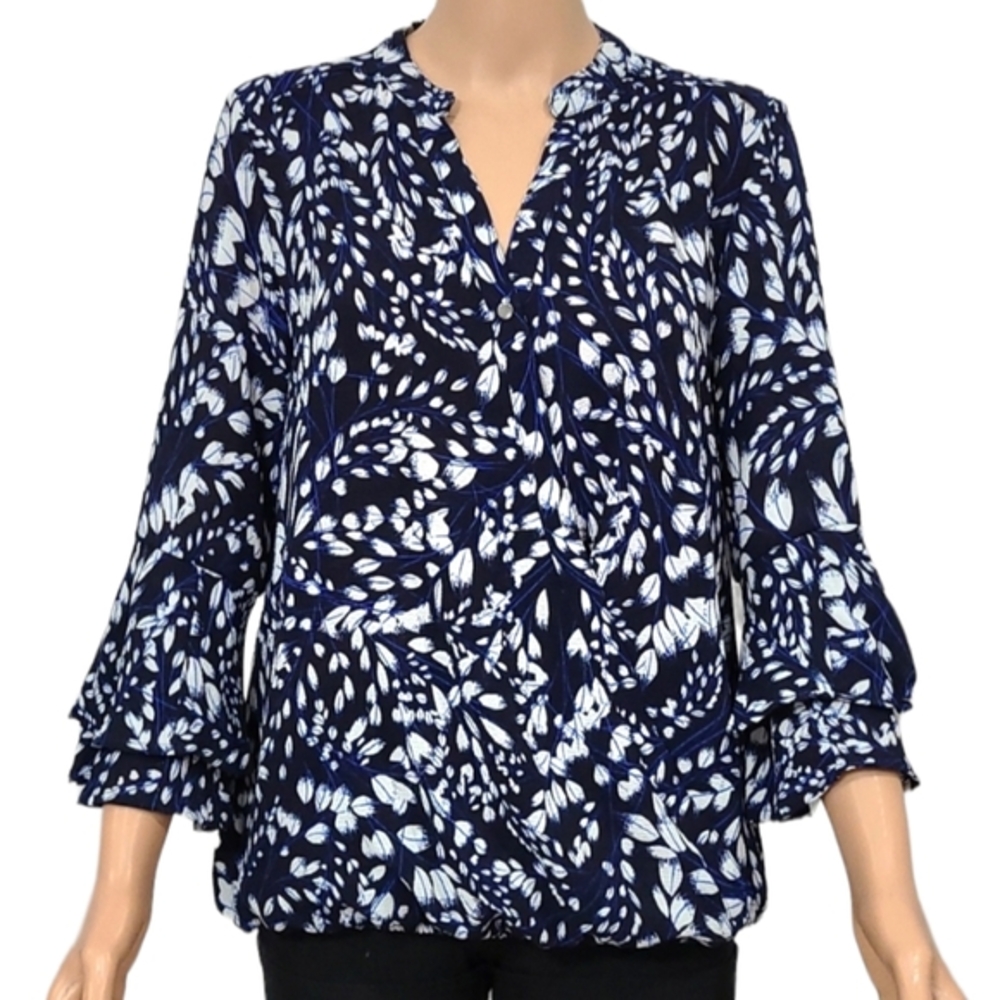 Roz & Ali top blouse crossed‎ bell sleeve blue/white size S